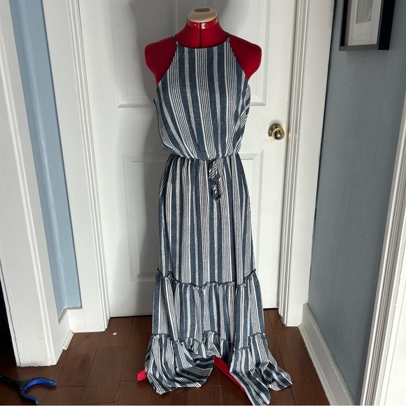 ➕Unbranded Striped Denim Blue and White Halter Maxi Dress - Picture 2 of 7